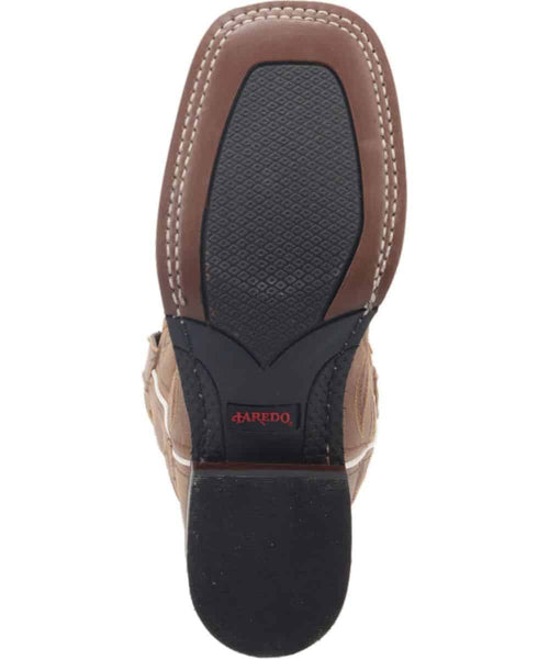 Laredo women's Spellbound boot: Light brown leather, pointed toe, low heel. Black rubber outsole with textured grip. Decorative stitching and subtle designs for added visual appeal.