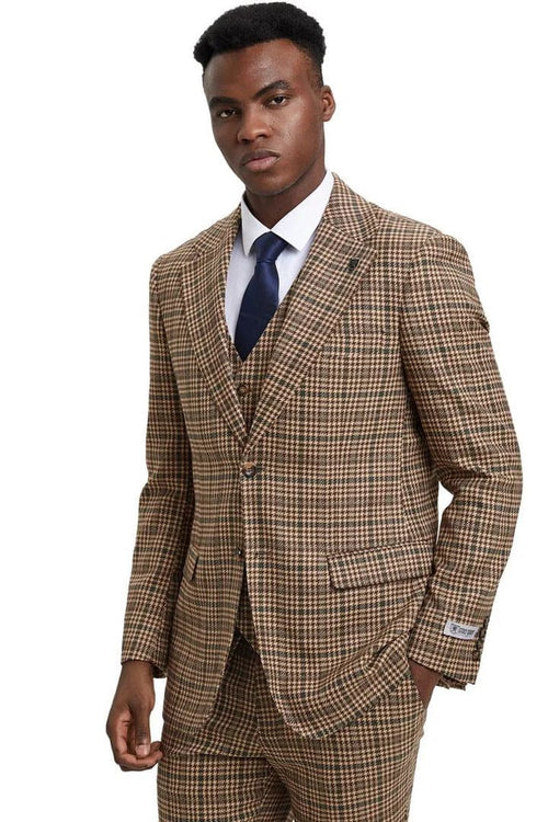 Men's Stacy Adams Vested Modern Fit Houndstooth Glen Plaid in Camel & Green Suit