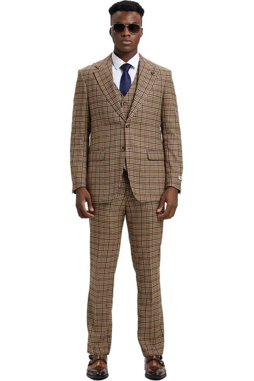Men's Stacy Adams Vested Modern Fit Houndstooth Glen Plaid in Camel & Green Suit