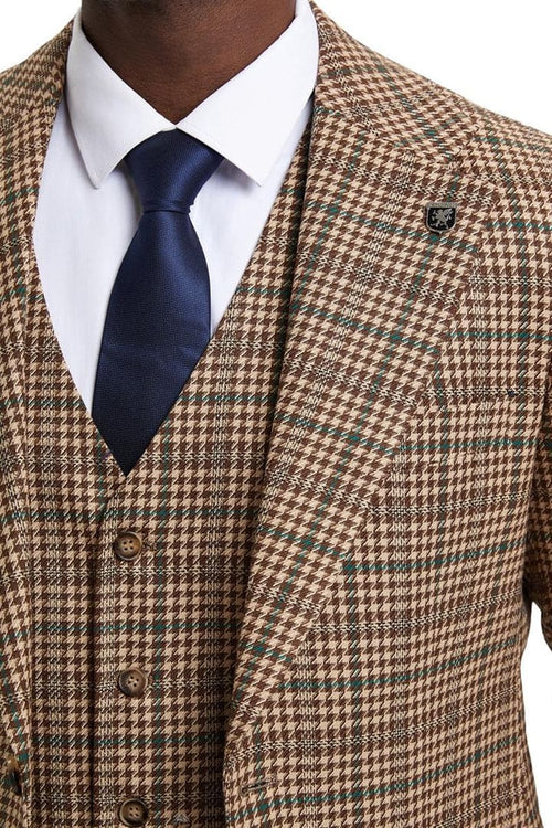 Men's Stacy Adams Vested Modern Fit Houndstooth Glen Plaid in Camel & Green Suit