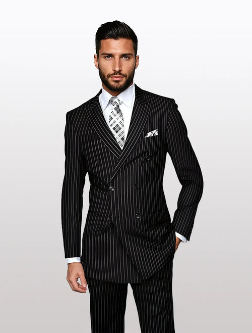 Mens black pinstripe double-breasted suit features a structured blazer with a peak lapel, two rows of buttons, and a fitted silhouette, complemented by matching trousers.