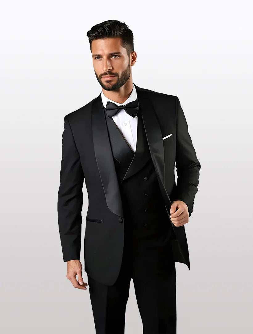 The men's black shawl tuxedo features a double-breasted vest, crafted from a smooth, black fabric with a tailored fit. The shawl collar is elegantly styled, and the suit jacket has a single button closure.