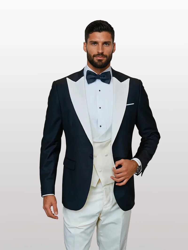 Statement Men's Black Vested with Ivory Peak Lapel 100% Wool Tuxedos