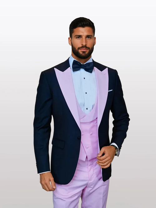Statement Men's Black Vested with Pink Peak Lapel 100% Wool Tuxedos