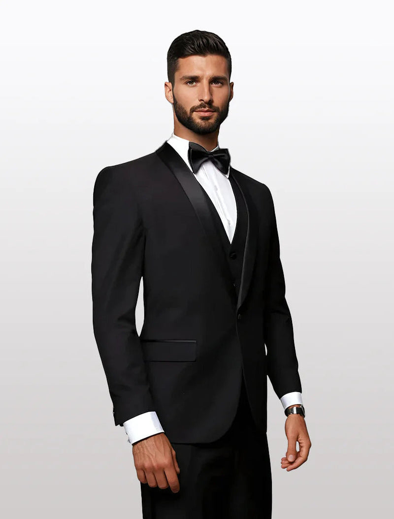 Men's black tuxedo with a black lapel, crafted from 100% wool, featuring a fitted design with a single-breasted jacket and a three-button closure.