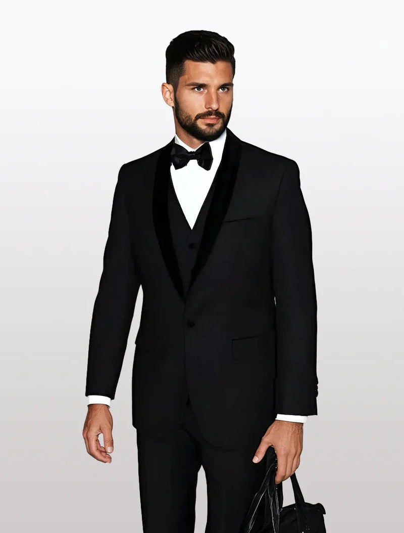 Men's black tuxedo features a black velvet lapel, structured shape, and is made of 100% wool. It includes a buttoned vest, single-breasted design, and white shirt cuffs.