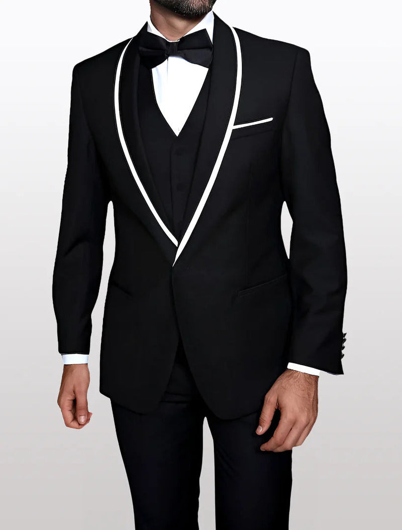 A men's tuxedo featuring a black fabric with a white lapel, constructed from 100% wool, includes a matching vest, and is styled with a bow tie and white shirt.