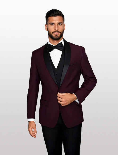 Statement Men's Burgundy with Black Lapel Vested 100% Wool Tuxedos