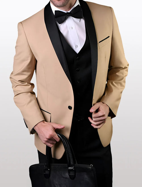 Statement Men's Champagne with Black Lapel Vested 100% Wool Tuxedos