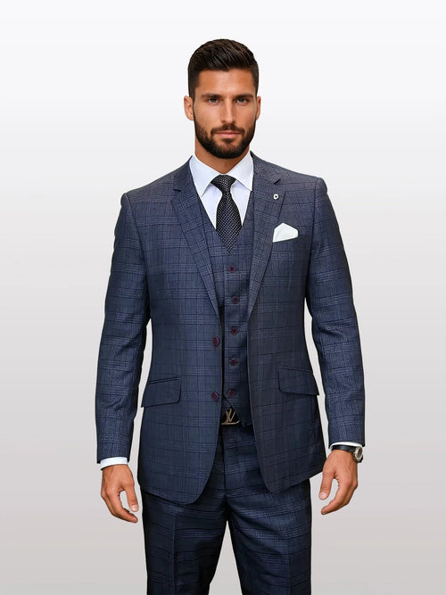 Men's charcoal windowpane plaid modern fit vest suit composed of 100% wool, featuring a fitted jacket with lapels, and a three-piece design including a vested piece, all in a dark gray color with a subtle plaid pattern.