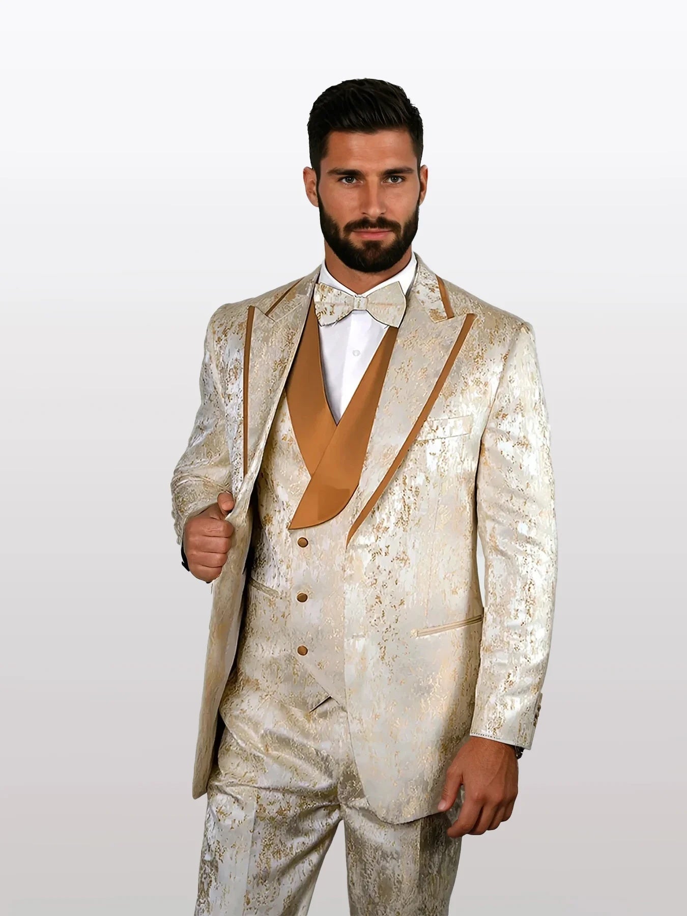 Men's gold jacquard vest tuxedo features a textured, metallic gold fabric with subtle patterns. The suit jacket is complemented by a matching vest and pleated pants in a similar hue.