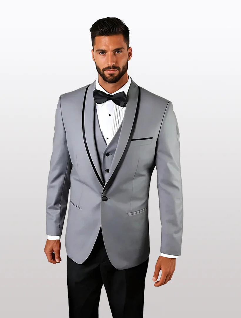 Men's grey tuxedo featuring a black lapel and a vested design, made from 100% wool, displayed with button closure and two front pockets. The material appears sleek and smooth.
