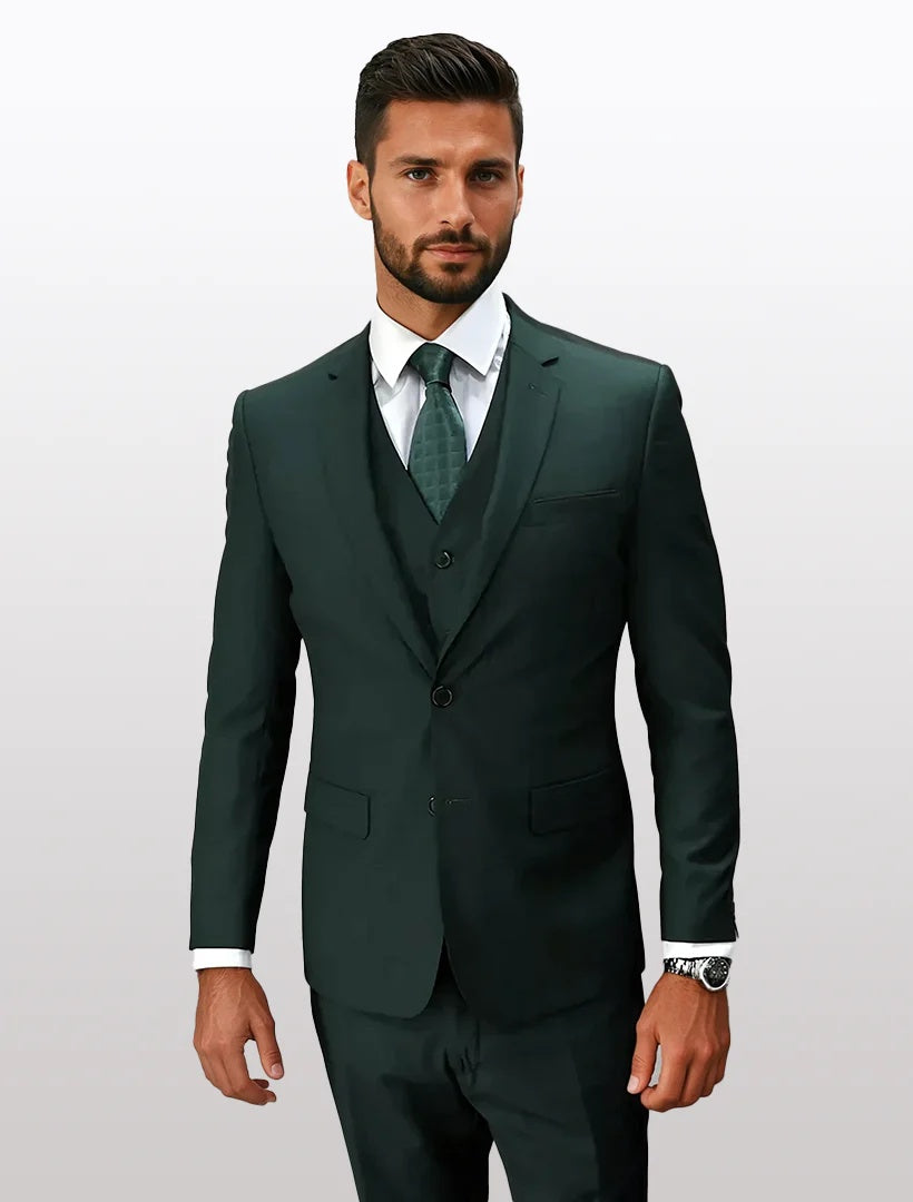 Mens hunter green slim fit vested suit by Alberto Nardoni features a tailored jacket with a notch lapel, single button closure, and slim-fit trousers made from a smooth fabric.