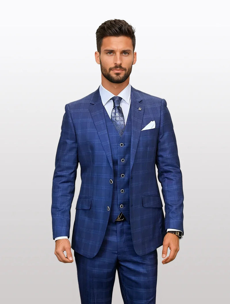Men's indigo plaid modern fit vested suit crafted from 100% wool features a patterned blue fabric. The suit has a fitted blazer with notch lapels and a matching vest, paired with flat-front pants.