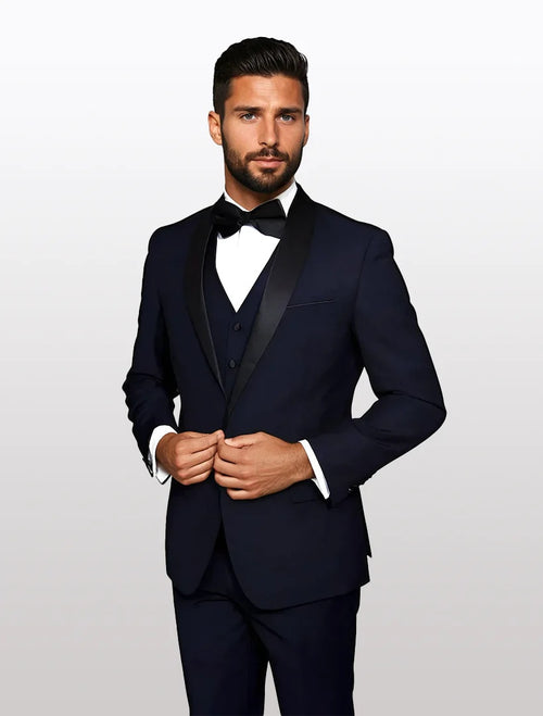 Statement Men's Navy with Black Lapel Vested 100% Wool Tuxedos