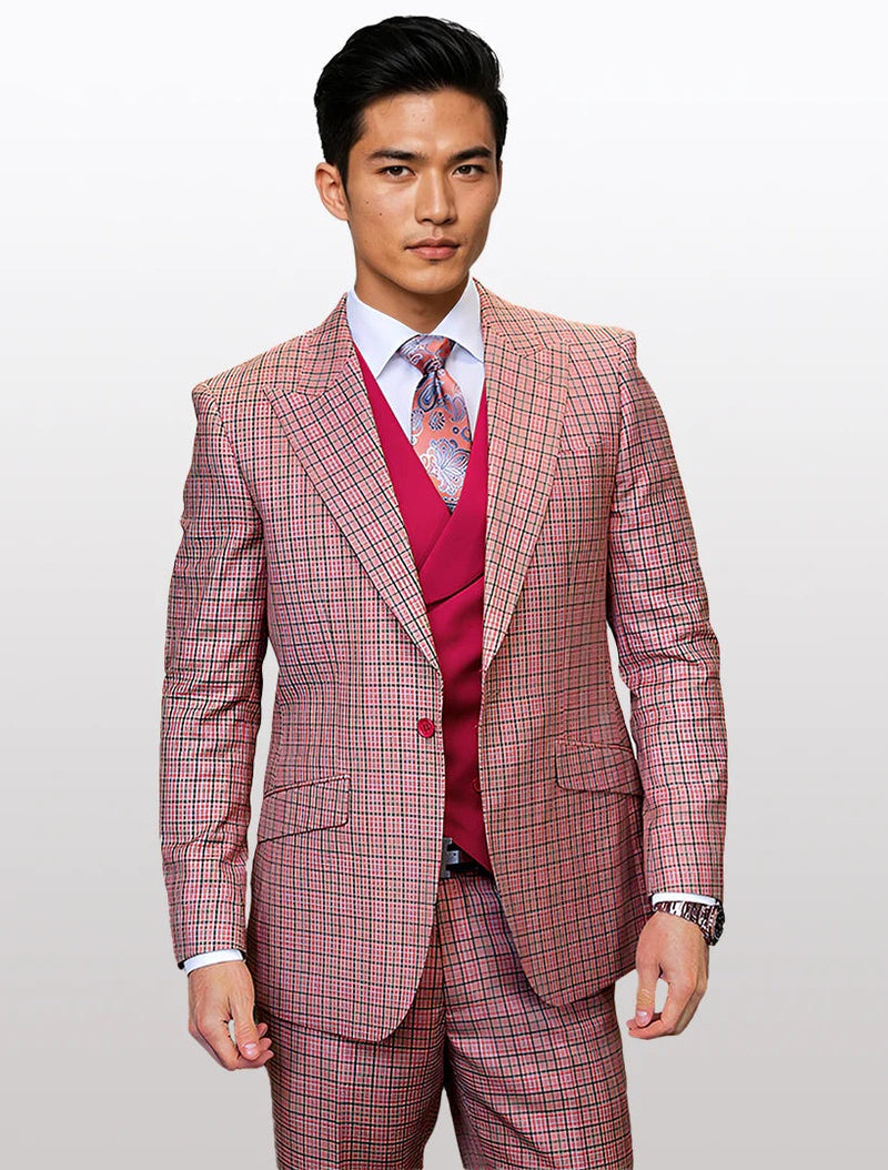 Men's red graphic modern fit vested suit made from 100% wool features a checkered pattern in red and pink. The suit includes a fitted jacket and matching trousers, with a vest underneath.