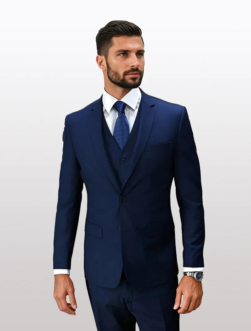 Men’s Navy 100% Wool Vested Tuxedo, Shawl Lapel Wedding Prom Formal Suit Set