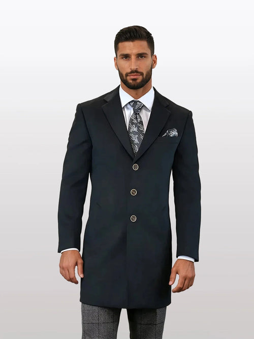 Mens solid black overcoat made from 100% wool features a tailored shape with a single-breasted front, three visible buttons, and a peak lapel design.