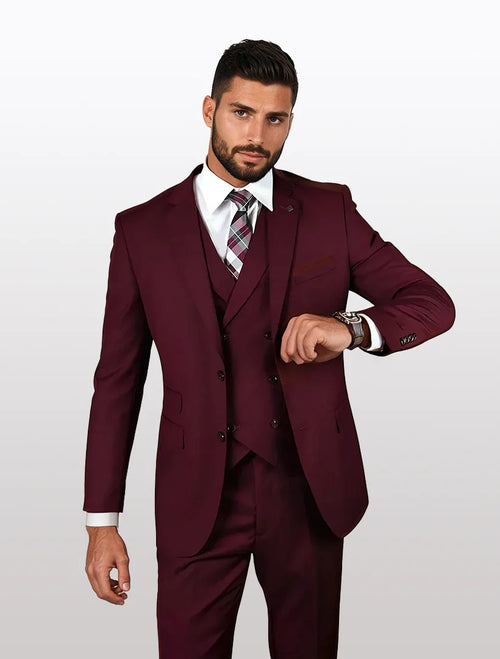 Statement Men's Solid Burgundy with Double-Breasted Vest 100% Wool Vested Suits