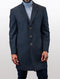 Men's solid charcoal overcoat made of 100% wool featuring a tailored shape with a single-breasted design, two front pockets, and four visible gold-tone buttons.