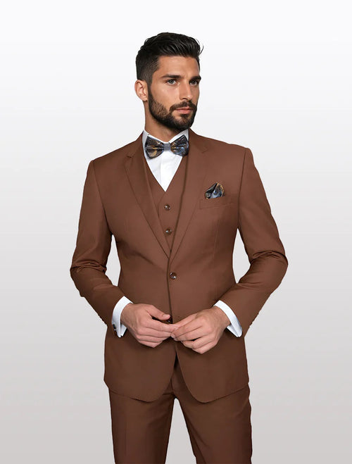 Men's solid copper modern fit vested suit made of 100% wool features a tailored jacket and vest combination in a singular color. The suit is complete with matching trousers, showcasing a streamlined silhouette.