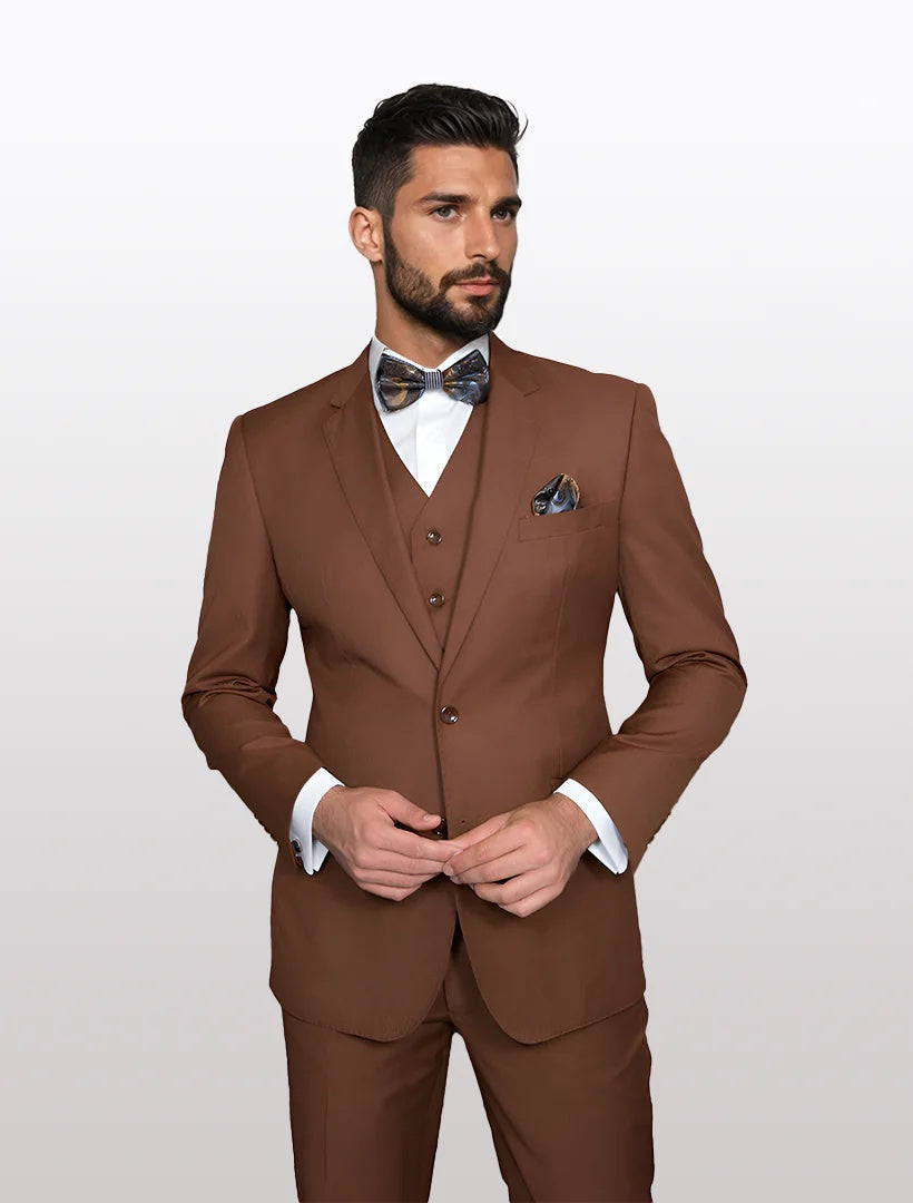Men's solid copper modern fit vested suit made of 100% wool features a tailored jacket and vest combination in a singular color. The suit is complete with matching trousers, showcasing a streamlined silhouette.