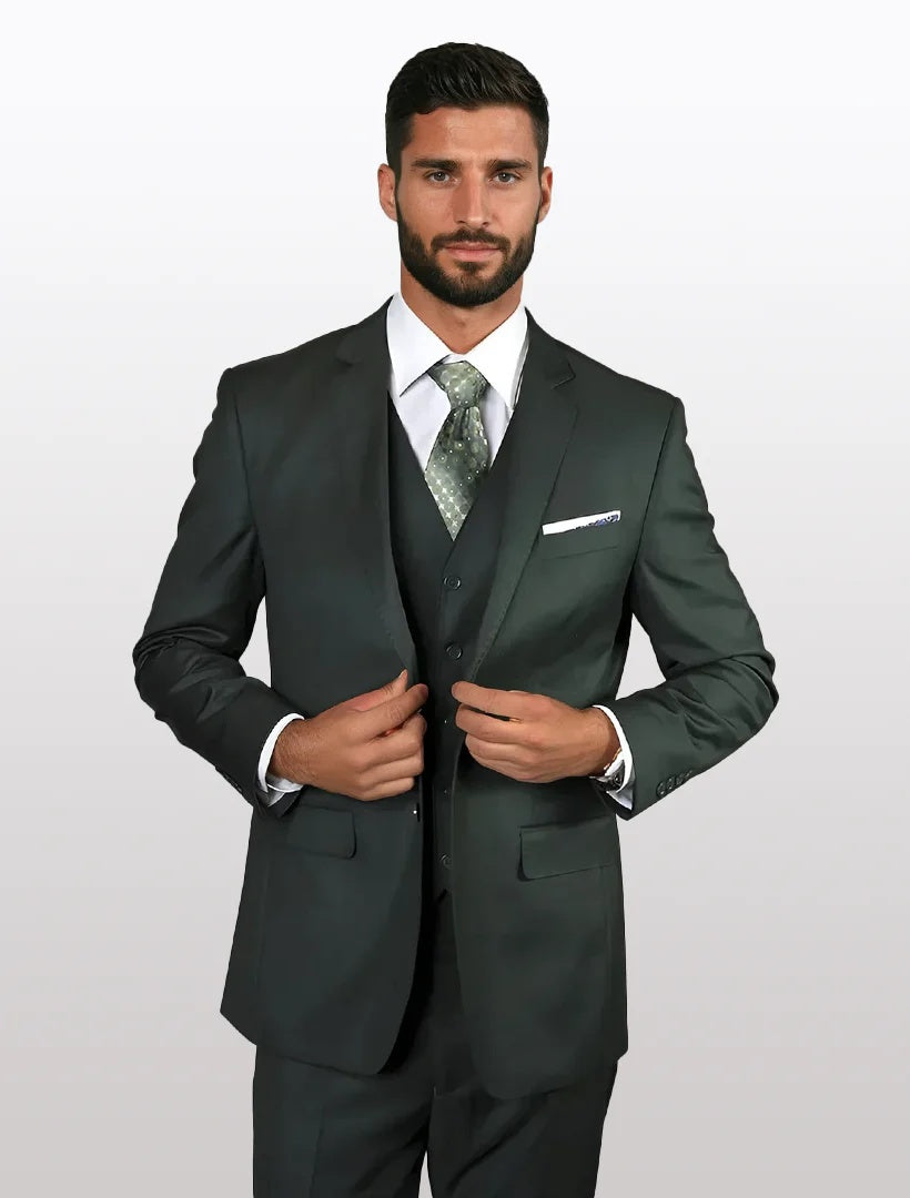 Mens solid hunter green 100% wool vested suit features a tailored fit. The suit includes a fitted jacket with a two-button closure, a single-breasted design, and matching vest.
