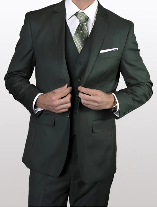 Men's solid hunter green tailored fit vested suit made of 100% wool features a two-button closure, notch lapels, and a three-piece design including a vest. The suit has a smooth texture with a crisp, polished finish.