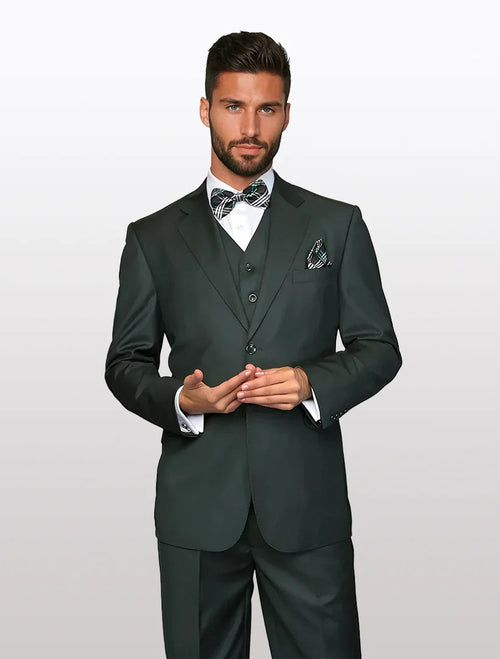 Men's solid hunter green vested suit in 100% wool, featuring a modern fit. The suit has a single-breasted jacket with a notched lapel and matching trousers.