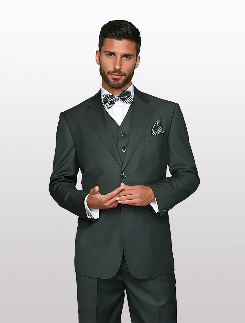 Mens solid hunter green wool blend vested suit tailored fit features a single-breasted jacket with notched lapels and a two-button closure. The vest is under the jacket, and the outfit includes matching pants.