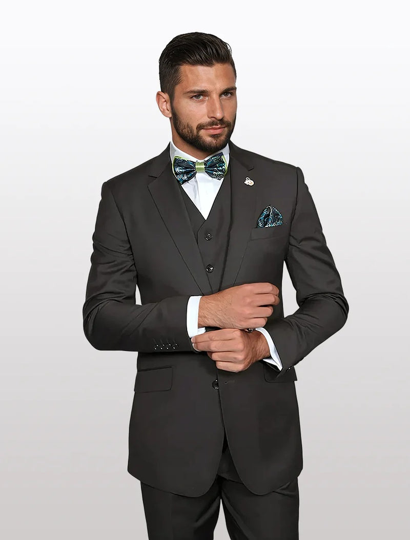 Statement Men’s Solid Olive 100% Wool Vested Suit, Formal Wedding Business 3 Piece Suit Set