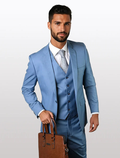 Men's solid steel blue modern fit 100% wool vested suit features a tailored jacket with a notched lapel and a three-button vest. The suit is complemented by flat front trousers.