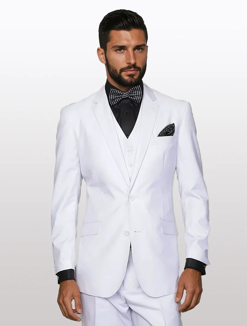 Men's solid white modern fit vested suit crafted from 100% wool features a tailored jacket with a single-breasted front, notch lapels, and two side pockets.
