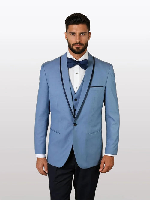 Men's steel blue tuxedo features black trim along the fine lapel, crafted from 100% wool, with a fitted vest and front pockets. The design includes a single-breasted closure and contrasting black buttons.