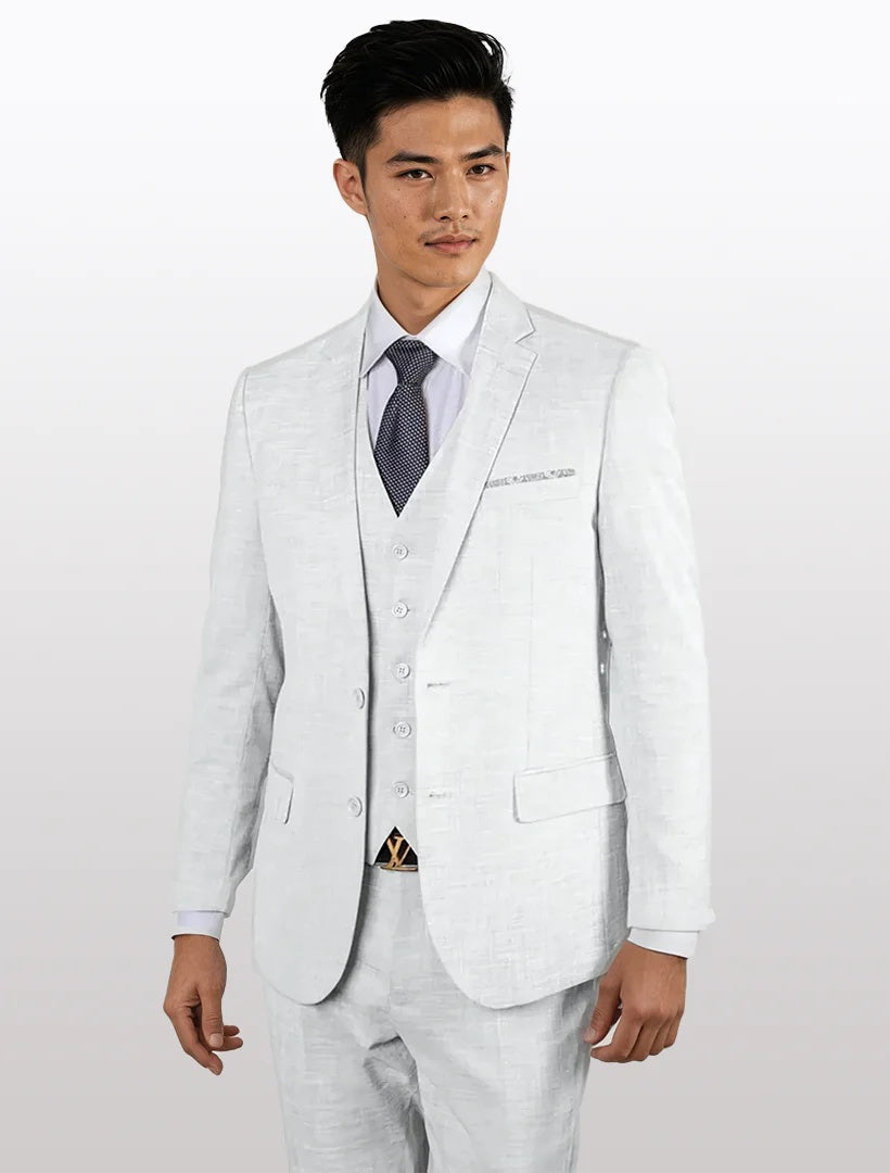 Men's white suit featuring a slim fit design with a single-breasted jacket, notch lapels, and two front pockets. The vest has a three-button closure and complementary pants. Made from 100% wool.