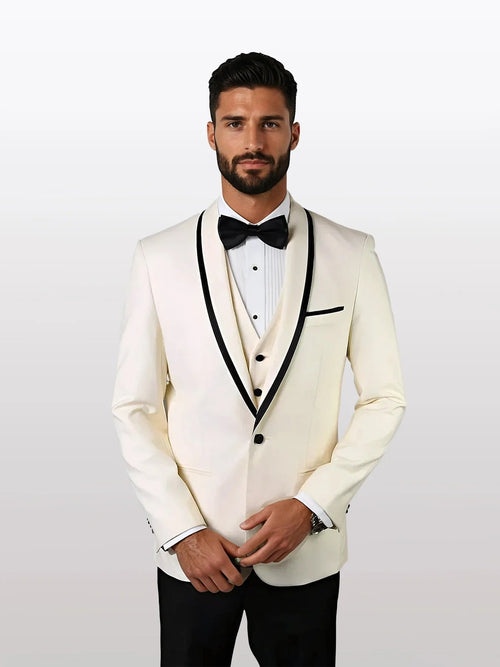 Mens white vested tuxedo with black trim features a fine lapel, made from 100% wool. The tuxedo includes a white shirt and bow tie, with black decorative elements.