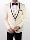 This product is a men's white tuxedo with a black trim fine lapel, made from 100% wool. It features a three-button front, a vest beneath the jacket, and a classic bow tie.