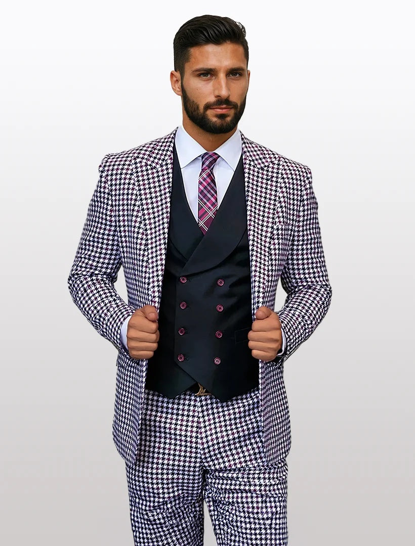 A men's vested suit in white and burgundy houndstooth pattern, made from 100% wool. The suit features a double-breasted vest with burgundy buttons and matching trousers.