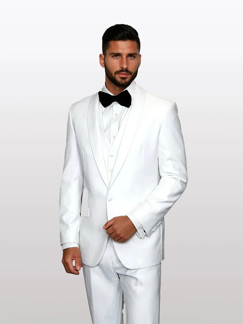 A men's white tuxedo featuring a white lapel, made from 100% wool, includes a vest and is styled with a bow tie. The ensemble presents a tailored fit and smooth texture.