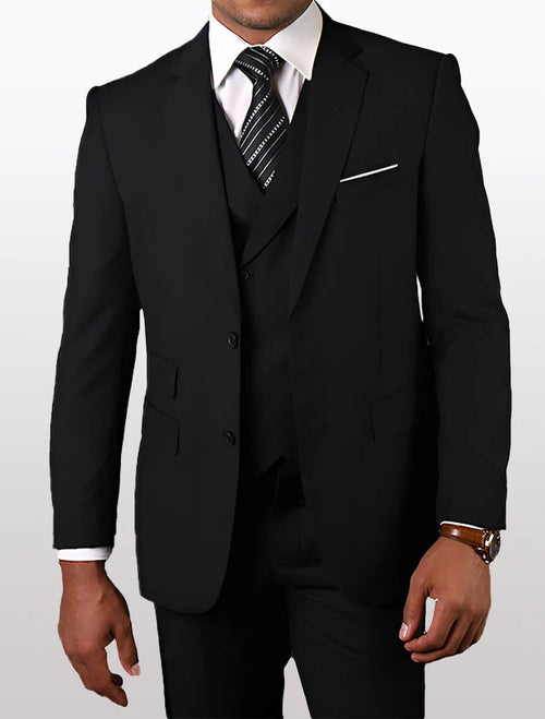 Men's black modern fit vested suit made from 100% wool features a single-breasted jacket with notch lapels, a pocket square, and matching vest. The suit has a sleek silhouette.