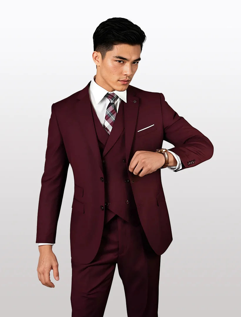 Statement Mens Burgundy Modern Fit 100% Wool Vested Suits