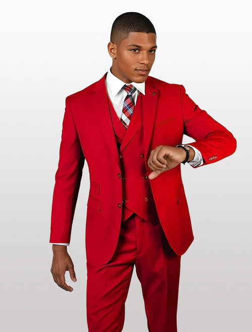 Statement Mens Red Modern Fit 100% Wool Vested Suits