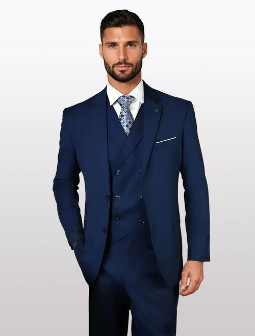 Statement Mens Sapphire Blue Modern Fit 100% Wool Vested Suits