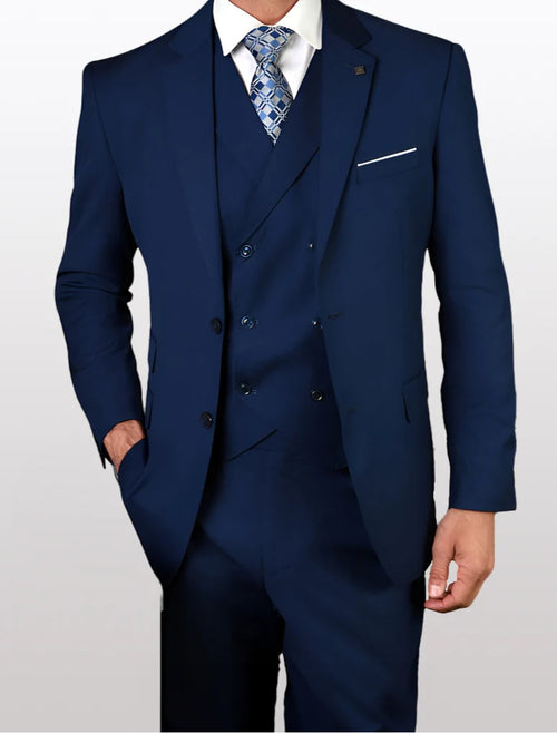 Statement Mens Sapphire Blue Modern Fit 100% Wool Vested Suits