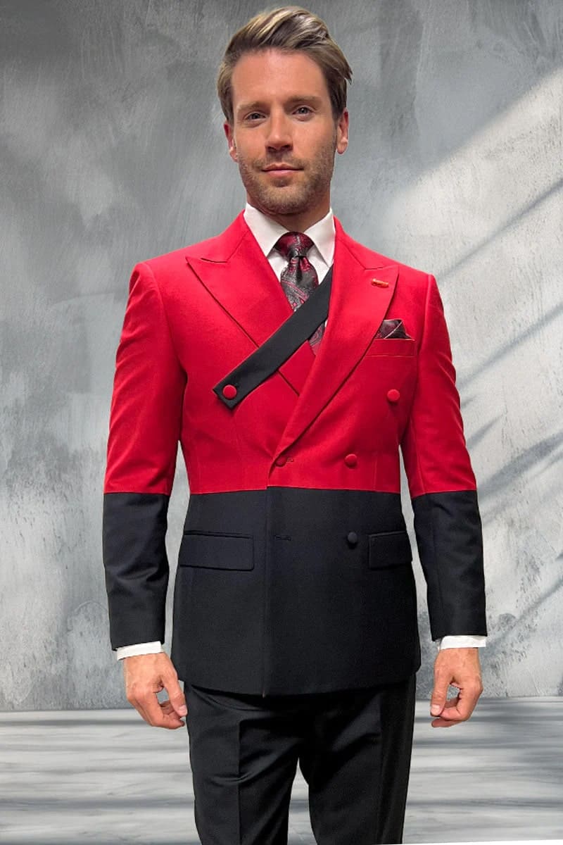 Men's designer double-breasted suit: red/black two-tone wool. Structured silhouette with diagonal chest strap & double buttons. Black pants match jacket's lower half.