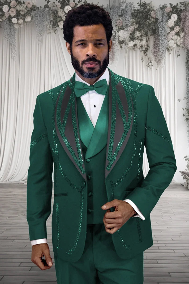 Men's Designer Wool Shawl Lapel Vested Tuxedo with Rhinestones in Hunter Green