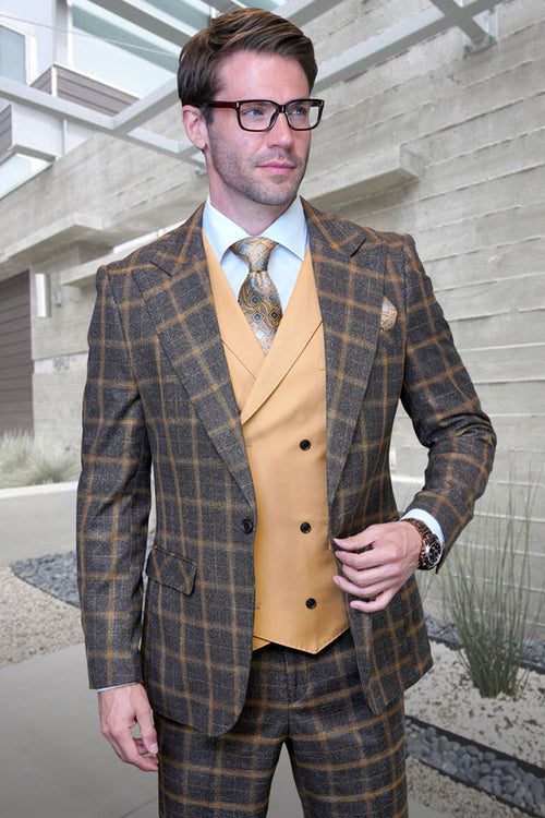 Men's designer suit: brown/gold check wool, peak lapel, one button. Solid gold vest. Light blue shirt. Matching check pants.