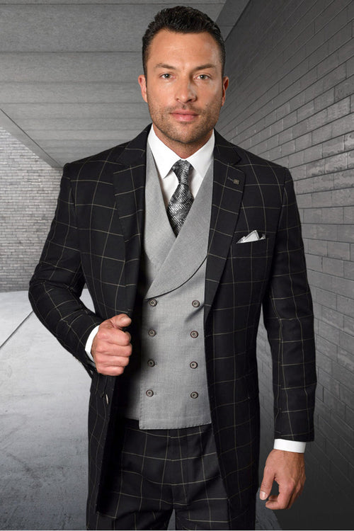 Men's black & grey windowpane plaid suit with double-breasted vest. Wool & cashmere blend, gold highlights. Structured silhouette, cohesive design. Includes jacket, vest, white shirt & patterned tie.