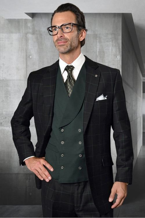 Black suit with hunter green windowpane plaid. Wool-cashmere blend. Solid hunter green double-breasted vest. Structured jacket with notched lapels and pockets. Designer style.