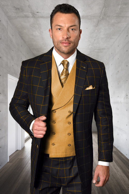 Men's designer suit in wool-cashmere blend. Black & taupe windowpane plaid. Includes jacket, vest, & tailored trousers. Two-button closure.
